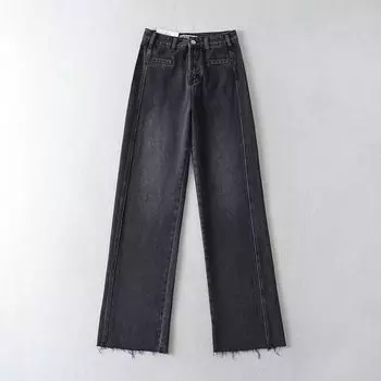 Fashion Style Spring and Summer Patchwork Raw Hem High Waist Denim Trousers Dark gray S