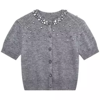 Fashion Style Spring Rib Knitting Cardigan round Neck Short Sleeve Grey S