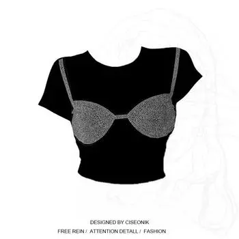 Fashion Style Street Diamond-Embedded Shoulder Short-Sleeved T-shirt Women s Summer Silm Slim Looking Exposed Navel Sexy Y2g Short Tops Black [Hot Drilling]] S