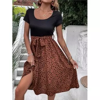 Fashion Style Summer New Arrival Fashion Elegant Slim Looking Polka Dot Print Short Sleeve Hong Kong Style Dress Women s Waist-Tight Long Skirt Brown L