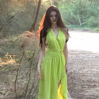 Fashion Style V-neck Halter Dress Elegant Super Fairy Chiffon Split Backless Dress Fancy Seaside Holiday Yellow S