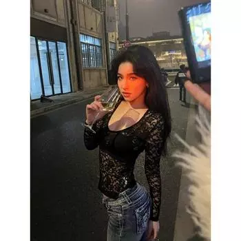 Fashion Style V-neck Sexy Lace Long Sleeves Bottoming Shirt Women s Spring Sexy Inner Wear Pure Color Chest Pad Short Mesh Tops Black S