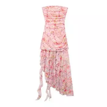 Fashion Style Women s Clothing New Fashion Temperament Printed Silk Net Tube Top off-Neck Silm Dress 5039267 Pink L