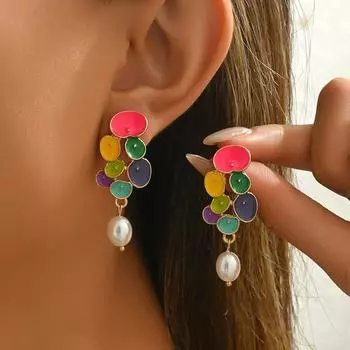 Fashion style women s earrings, personalized color drip oil design flower stud earrings versatile pearl earrings women