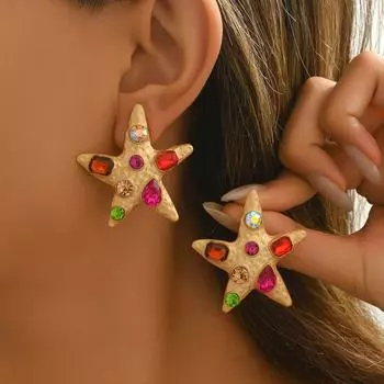 Fashion style women s earrings personalized starfish inlaid with colorful diamond design earrings versatile high-end earrings