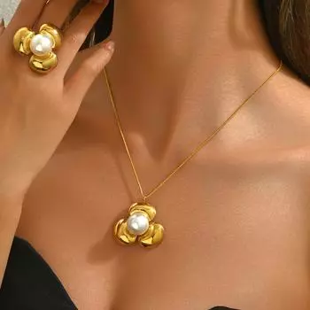 Fashion Style Women s Necklace Ring Set Versatile Flower Design Pearl Clavicle Chain Open Ring Women