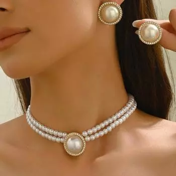 Fashion style women s pearl necklace earrings set geometric diamond design pendant long chain women