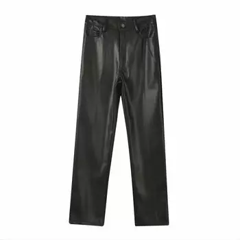 Fashion Style Women s Spring Clothing Pocket High Waist Imitation Leather Trousers Black L