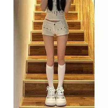 Fashion Style Y2g Sexy Sexy White Denim Super Short Shorts Female Slim Fit Retro Low Waist A- line Slim-Fit Hip-Wrapped Pants White (no Matching Belt) L