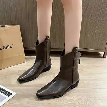 Fashion Stylish and Versatile with A Thick Heel and Pointed V-neck Western Cowboy Boots 2024 Autumn New Sexy Sleeve Boots 35 чёрный