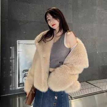 FASHION Stylish large lapel imitation fur jacket Feminine elegance Celebrity long-sleeved thermal coat Wool top Clothes S чёрный