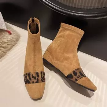 Модные замшевые ботильоны с квадратным носком, леопардовые хлопковые туфли, зимние ботинки на низком каблуке 2024 года, зимние плюшевые теплые туфли на плоской подошве Chelsea Botas Mujer 35 хаки