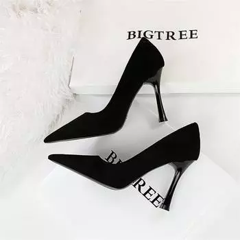Fashion Suede Black Women Simple Pumps Wine Glasses High Heels Shallow Mouth Pointed Toe Office Comfort Single Shoes 34(Foot22cm)