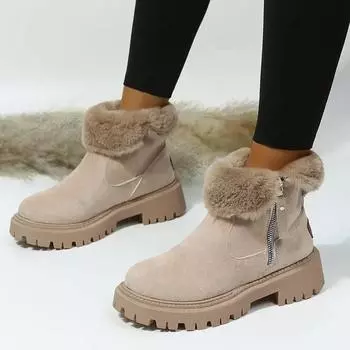 fashion Suede Women s Snow Boots Thick Plush Ankle Boots for Women Winter Keep Warm Cotton Shoes Elegant Turned-over Edge Ladies Boots 35 хаки