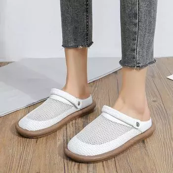 Модные летние 2024 новые сандалии с сетчатым носком для женщин, мягкая подошва, плоская подошва, полые тапочки, тапочки 35 белый