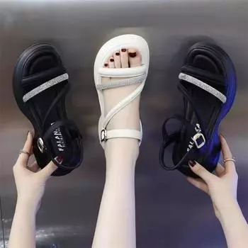 Fashion Summer 2024 New Roman Sandals for Women Shoes Peep Toe Rhinestone Ankle Buckle Comfort Increasing Height Sole Sandal 35 чёрный