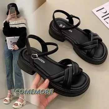 Fashion Summer 2024 New Women s Fashion Platform Cross-toe Sandals Comfortable Casual Shoes Luxury Sandals Heels Woman Round Head Beach 35