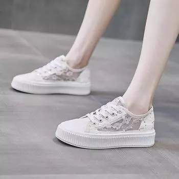 Fashion Summer 2024 New Women s Shoes Versatile Fashion Sequin Mesh Breathable Casual Sneakers Shoes for Women Zapatos De Mujer 35 бежевый