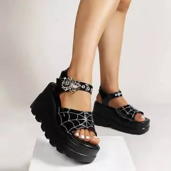Fashion Summer Black Wedge Sandals Women Gothic Buckle Chunky Platform Sandales Women Punk Thick Bottom 9cm Heeled Sandalias Plus Size 35