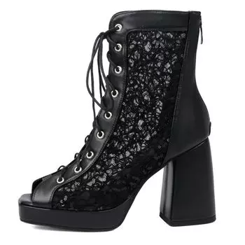 Модные летние ботинки женские танцевальные туфли сексуальные ботильоны с открытым носком сетчатые черные белые розовые высокие каблуки на шнуровке вечерние туфли женские большие размеры 47 бежевый