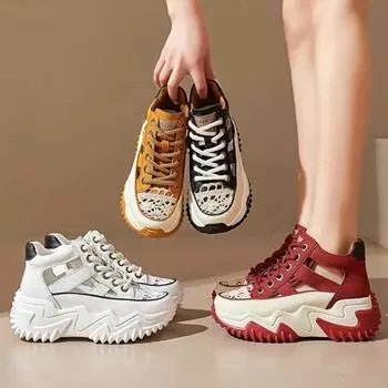 Fashion Summer Casual Breathable Hollow Womens Wedge Heel Genuine Leather Cowhide Thick-Soled Sandals Increased By 6.5cm Plus Size 34-40 34 красный