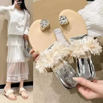 fashion Summer Cute Bowtie Decorate Non-Slip Sandals Slipper Flats Mules Casual Fashion Female Flip Flops Mesh Beach Slides Pantuflas 35 бежевый