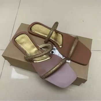 модные летние женские шлепанцы с бриллиантами, модные туфли с квадратным носком, плоские, с женской пляжной обувью, большого размера, блестящие женские тапочки для улицы 38 чёрный