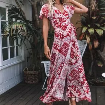 МОДНОЕ летнее платье Красивое на шнуровке Мягкая текстура Привлекательное нерегулярное короткое рукава Тонкое длинное женское платье S синий