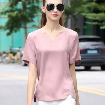 Fashion Summer Easiest for Match Pure Color Short Sleeve Silk Lotus root color 3XL