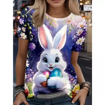 Fashion Summer Easter Bunny 3D Printed T-Shirt Women Street Casual Harajuku Crew Neck Tops S