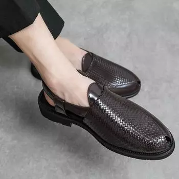 Fashion Summer European and American Buckle Men s Hollow Out Sandals Leather Beach Non-slip Shoes Breathable Leisure Walk Male Shoes 38 чёрный