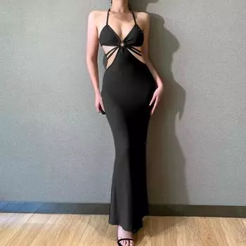 МОДА Летние вечерние платья для женщин Сексуальные платья со шнуровкой и вырезом Клубные вечерние платья с V-образным вырезом Фестивальные длинные платья S чёрный
