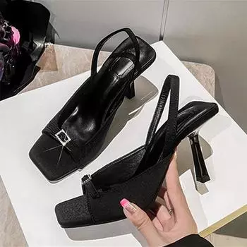 Fashion Summer Fashion Crystal Buckle Square Toe 9CM Gladiator Heels Sandal Women Slip on Back Strap Party Dress Shoes Black White Heels 35 чёрный