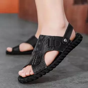 Fashion Summer Fashion Men Slippers Drag Beach Shoes Outdoor Hollow Out Shoes Male Slides Flats Elastic Lazy leather Handmade Sandals 39 чёрный