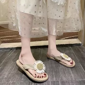 Fashion Summer Faux Grass Woven Women Sandals Fashion Flat Shoes Beach Sandals Casual Sandals Women Shoes Flip Flops Slide Zapatos Mujer 36 бежевый