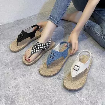 Fashion Summer Flip Flops Sandals Canvas Belt Buckle Female Shoes Clip Toe Women Flats Slippers 2024 New Rome Fashion Women Slides 35 бежевый