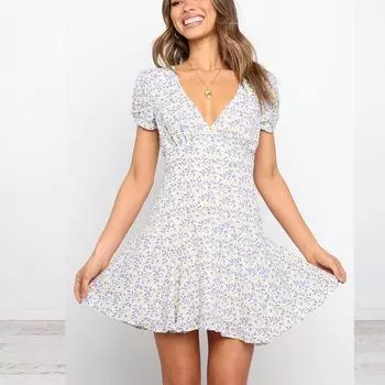 Fashion Summer Fresh Deep V Sexy Low Collar Purple Small Floral Slim-Fitting Short Sleeve Dress A- line Skirt Women s Short Skirt Color S