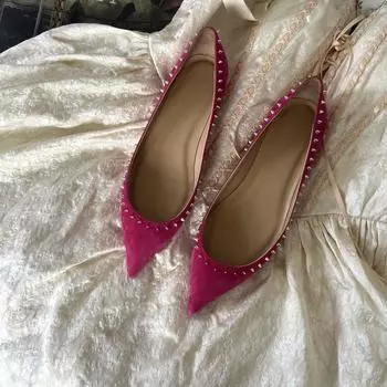 Fashion Summer High Quality Flat Bottom Riveted Women s Shoes with Shallow Mouth Genuine Leather Suede Style Pointed Rose Red Sole Shoes 34