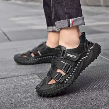 Fashion Summer High Quality Thick Sole Sports Sandals Leather Cowhide Beach Toe Wrap Sandals Male Outdoor Walking Shoes Men Casual Shoes 38 чёрный