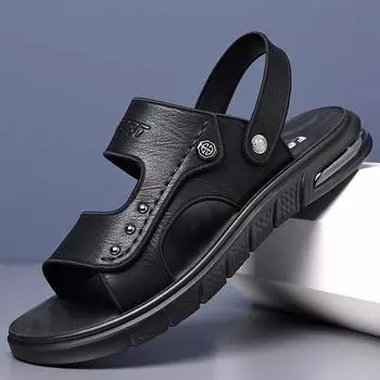 Fashion Summer Hihg Quality Leather New Sandals Soft Casual Man Slippers Comfortable Slip on Male Sandals Outdoor Trekking Sandales 38 чёрный