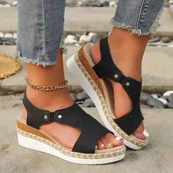 fashion Summer Hollow Decoration Women Sandals Elastic Band Ladies Thick Bottom Wedges Sandles Comforta Vacation Sandalias Female 36 чёрный