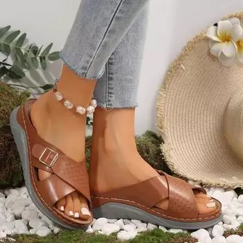 Fashion Summer Leather Wedge Slippers for Women 2024 New Fashion Buckle Thick Bottom Sandals for Women Comfortable Non-slip Beach 36 чёрный