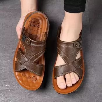 Fashion Summer Lightweight Sandals Men Slippers Genuine Leather Outdoor Beach Shoes Walking Casual Shoes Comfortable Breathable Sandals 38 шоколадный