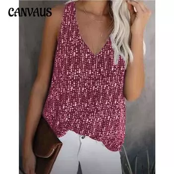 Модный летний свободный повседневный топ без рукавов с V-образным вырезом и принтом S чёрный