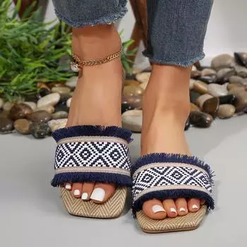 модные летние роскошные женские тапочки с бахромой, уличные тапочки с квадратным носком и плоским каблуком, женские шлепанцы, повседневные легкие нескользящие сандалии 36 бежевый