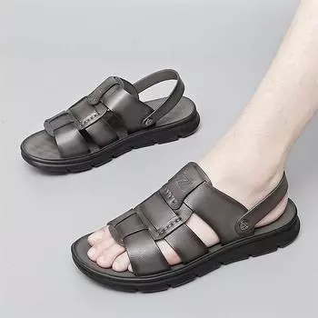 Fashion Summer Men Beach Shoe Sandals Cow Quality Genuine Leather Non-slip Waterproof Slippers Breathable Two Uses Sandals Home Slippers 38 чёрный