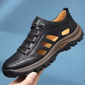 Fashion Summer Men Casual Shoes Fashion Leather Breathable Sandals Outdoor Hiking Sneakers High Quality Lace-up Sport Shoes for Men Shoe 38 чёрный