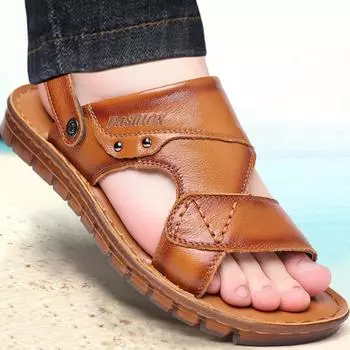 Fashion Summer Men Hollow Out Casual Soft Sole Slippers Peep toe Leather Breathable Waterproof Anti-Slip Slip-On Shoes 38 коричневый