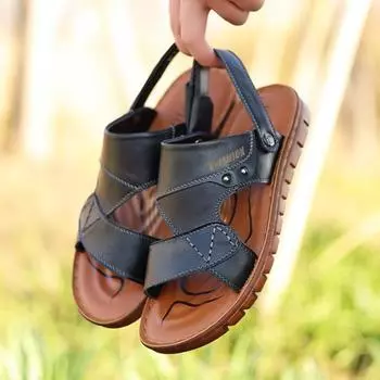 Fashion Summer Men Hollow Out Casual Soft Sole Slippers Peep Toe Leather Breathable Waterproof Anti-Slip Slip-On Shoes 38 чёрный