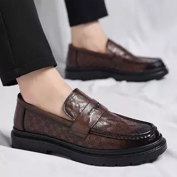 Fashion Summer Men s Casual Leather Shoes Fashion Patchwork Party Wedding Loafers Moccasins Men Slip-on Light Comfortable Driving Flats 38 коричневый